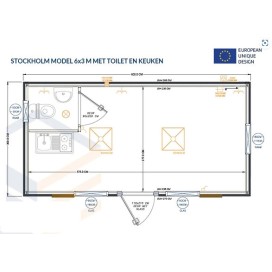 Contenedor de 6×3 metros modelo Estocolmo con aseo y cocina