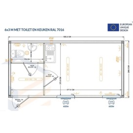 Contenedor 6×3 metros con aseo y cocina Ral 7016